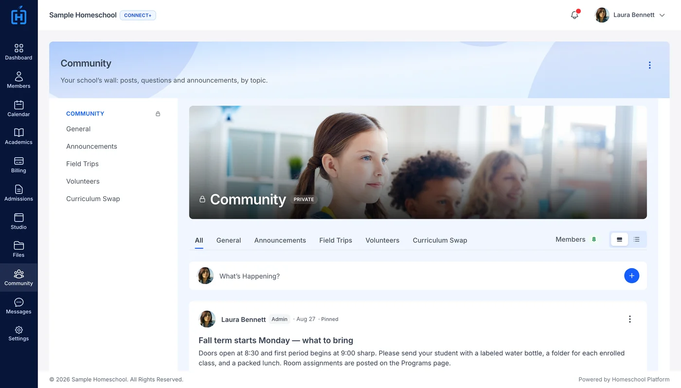 The community wall with its cover photo, and a message thread open beside it