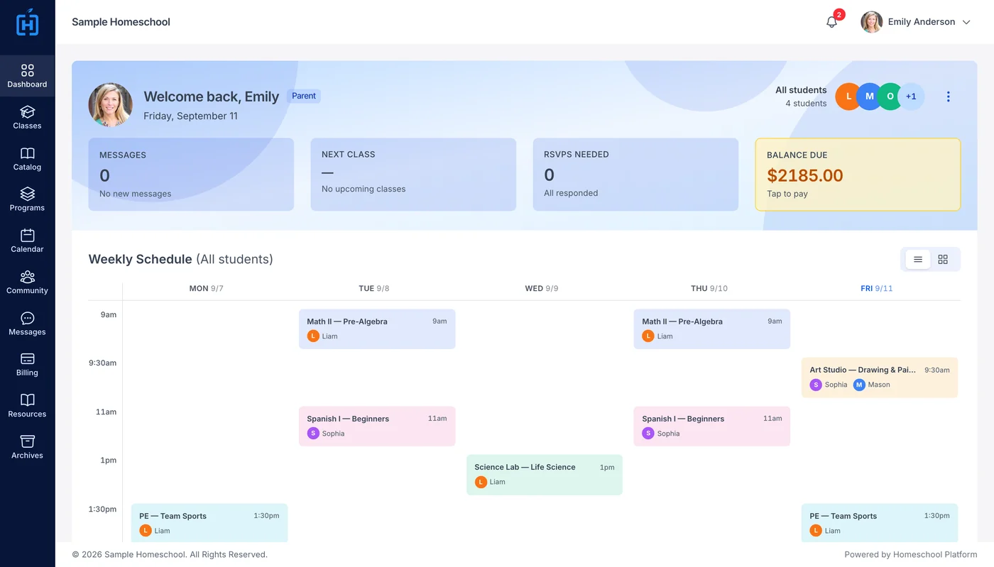 A parent's dashboard for all four children: balance due and the week's schedule
