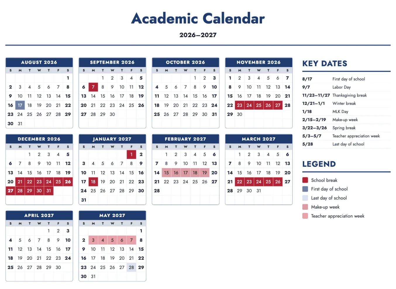 A printable Academic Calendar for 2026–2027: every month from August to May on one page, with breaks and key dates coloured and listed